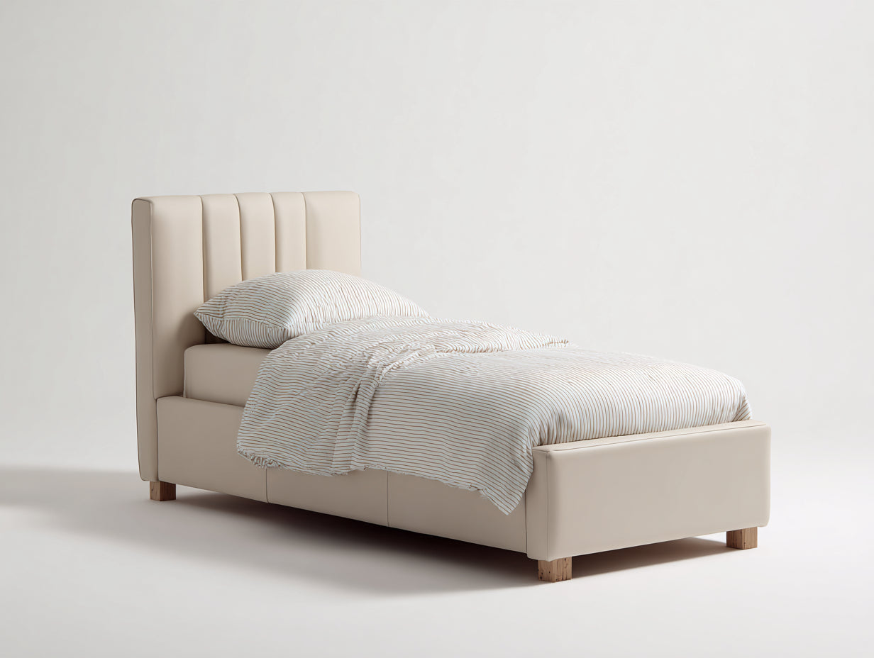Lit simple - Similicuir - 209 x 109 x 116 cm - Beige-Bois naturel - Style moderne à tête de lit verticale