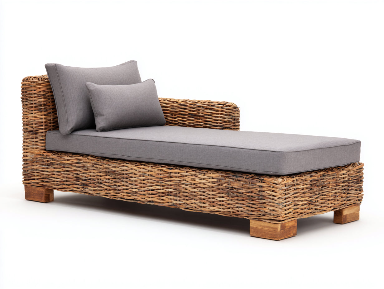 Bain de soleil - Rotin tressé-Tissu - 192 x 84 x 86 cm - Brun miel-Gris moyen - Style naturel à dossier courbe