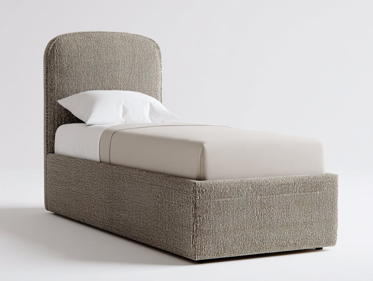 Lit simple - Tissu - 208 x 108 x 118 cm - Taupe - Style contemporain à tête de lit arrondie