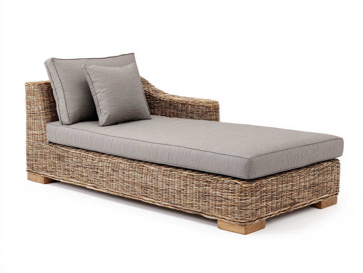 Bain de soleil - Rotin tressé-Tissu - 198 x 88 x 90 cm - Brun naturel-Gris taupe - Style contemporain enveloppant