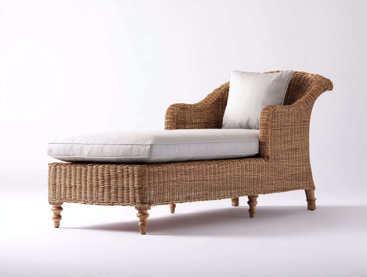 Bain de soleil - Rotin tressé-Tissu - 194 x 84 x 93 cm - Brun doré-Blanc cassé - Style classique surélevé