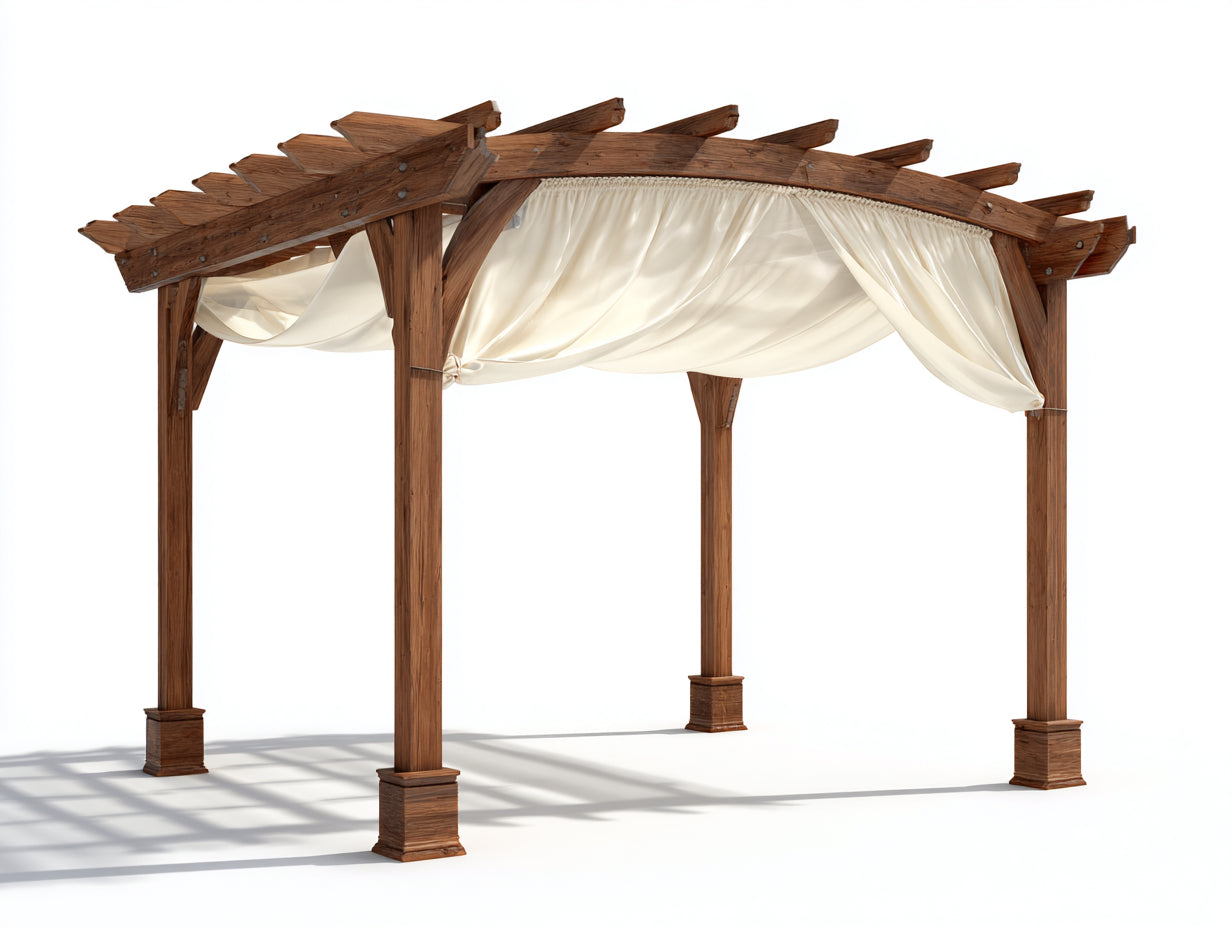 Tonnelle de jardin - Bois-Textile - 350 x 300 x 260 cm - Bois brun châtaigne-Blanc ivoire - Style rustique
