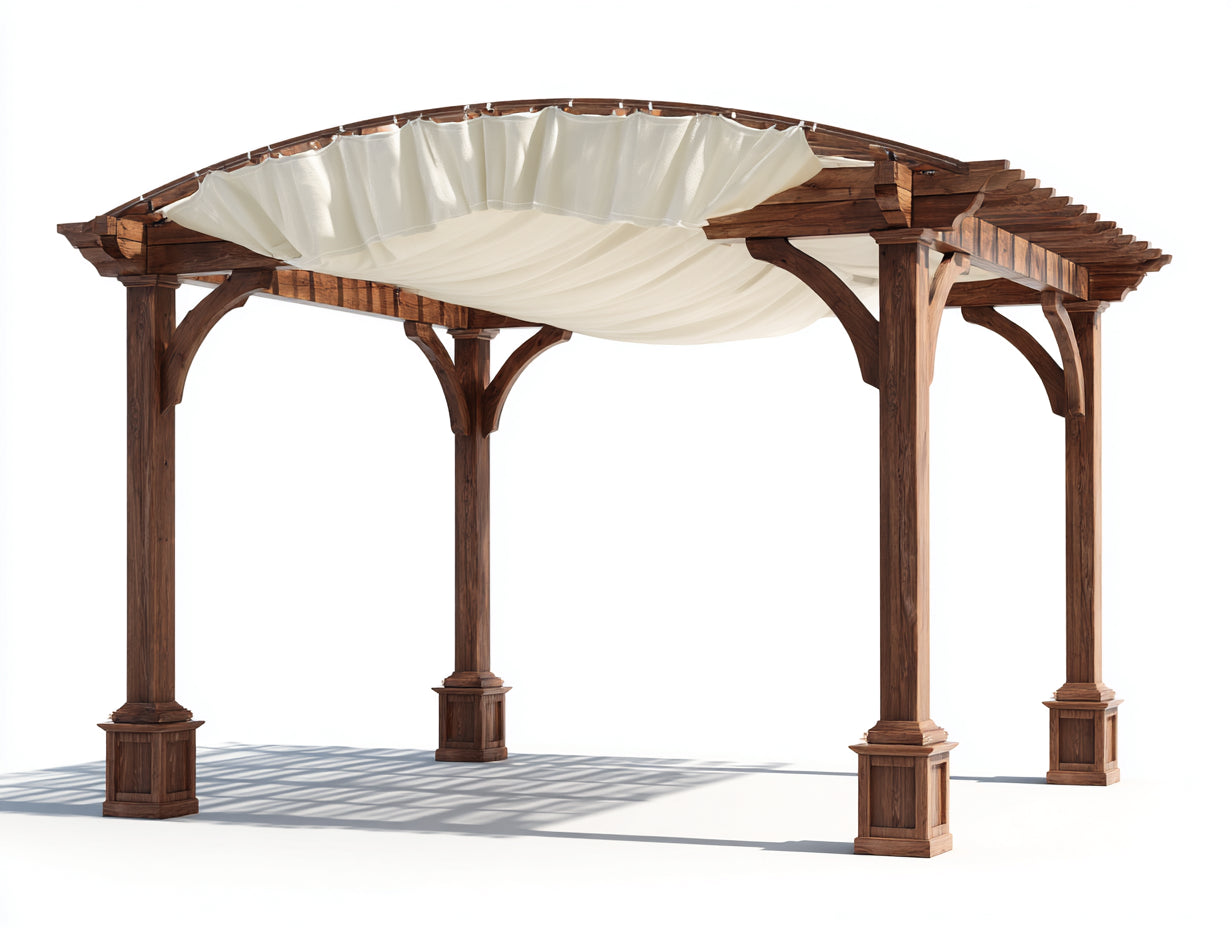 Tonnelle de jardin - Bois-Textile - 410 x 340 x 275 cm - Bois brun noyer-Blanc ivoire - Style traditionnel