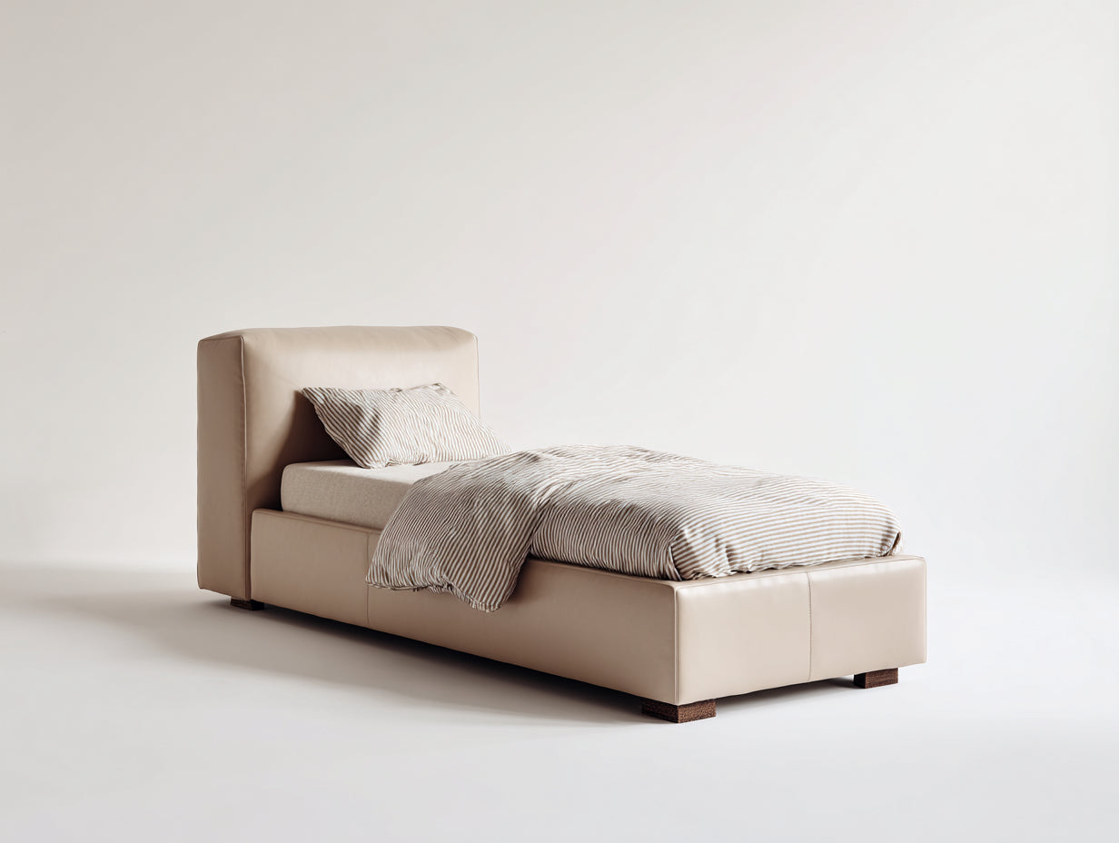 Lit simple - Similicuir - 207 x 107 x 104 cm - Beige-Bois foncé - Style contemporain rembourré