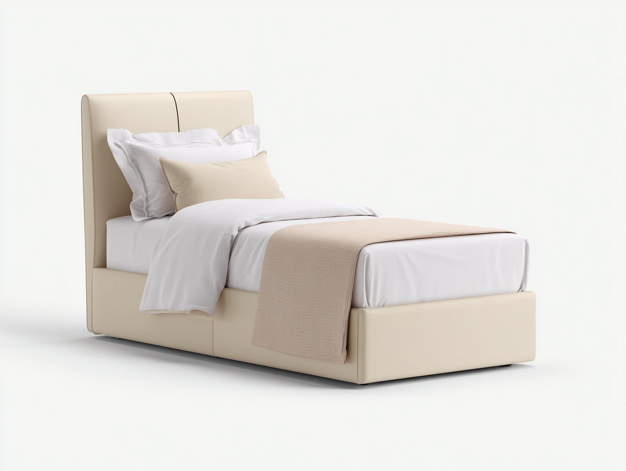 Lit simple - Similicuir - 209 x 109 x 113 cm - Beige sable - Style moderne épuré