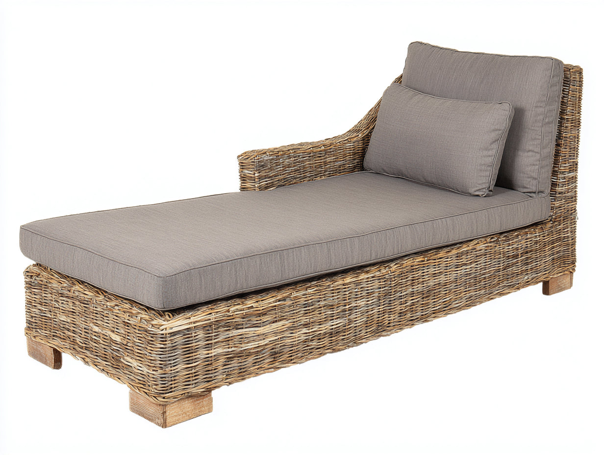 Bain de soleil - Rotin tressé-Tissu - 200 x 89 x 98 cm - Brun grisé-Gris - Style rustique avec dossier haut