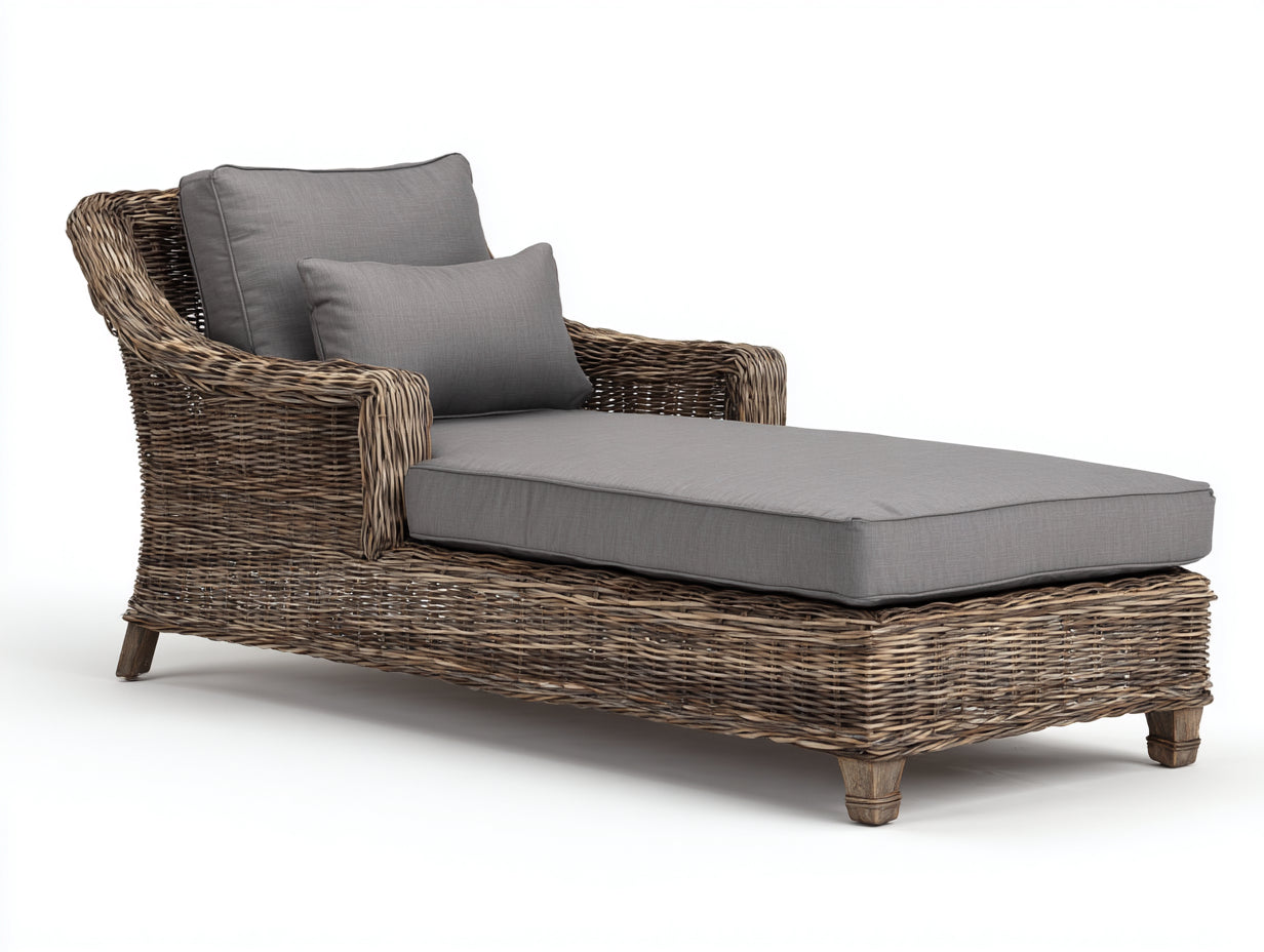 Bain de soleil - Rotin tressé-Tissu - 196 x 88 x 96 cm - Brun grisé-Gris - Style traditionnel avec accoudoirs