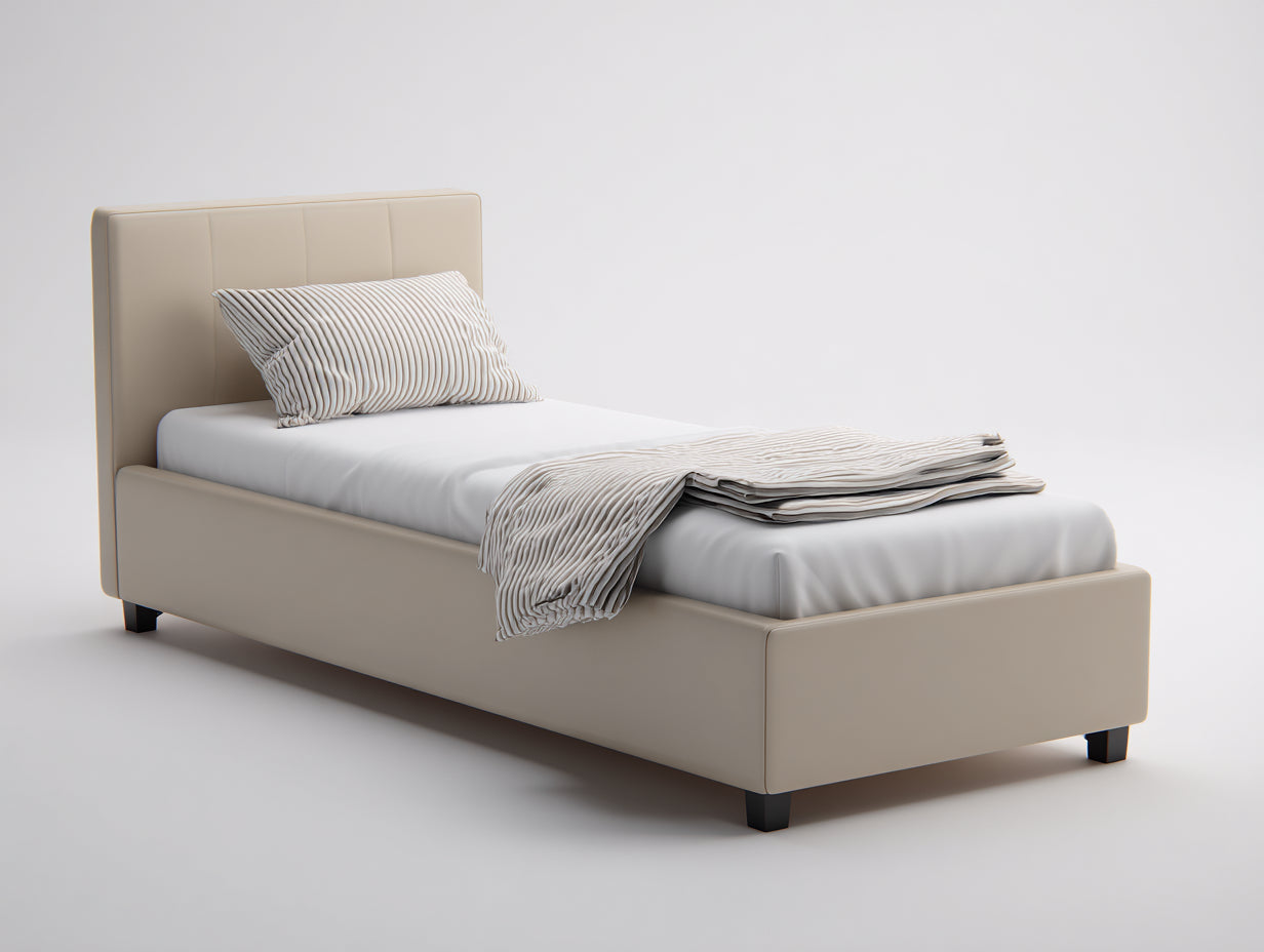 Lit simple - Similicuir - 205 x 105 x 110 cm - Beige-Noir - Style minimaliste structuré