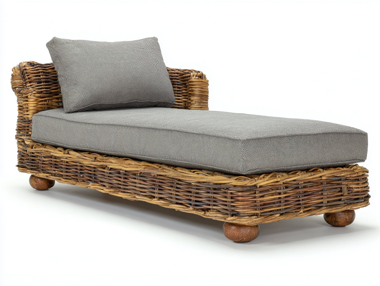 Bain de soleil - Rotin tressé-Tissu - 190 x 82 x 78 cm - Brun naturel-Gris - Style organique à dossier courbe