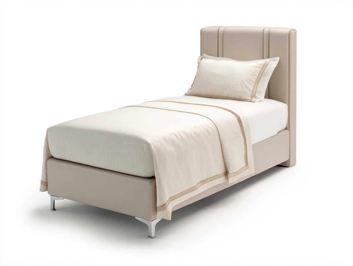Lit simple - Similicuir - 208 x 105 x 121 cm - Beige-Argent - Style moderne à tête de lit verticale