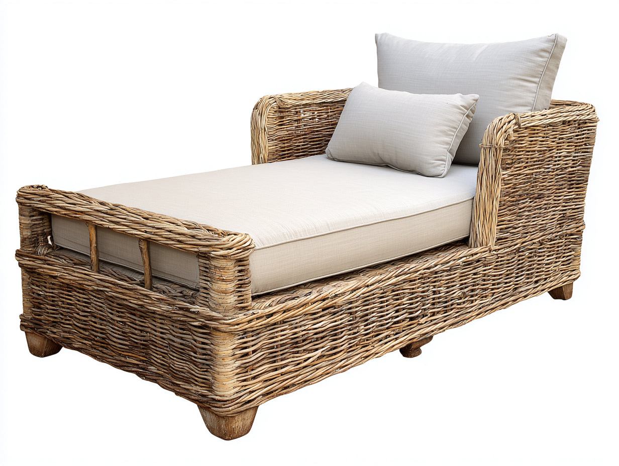Bain de soleil - Rotin tressé-Tissu - 195 x 104 x 96 cm - Brun clair-Beige - Style naturel avec accoudoirs