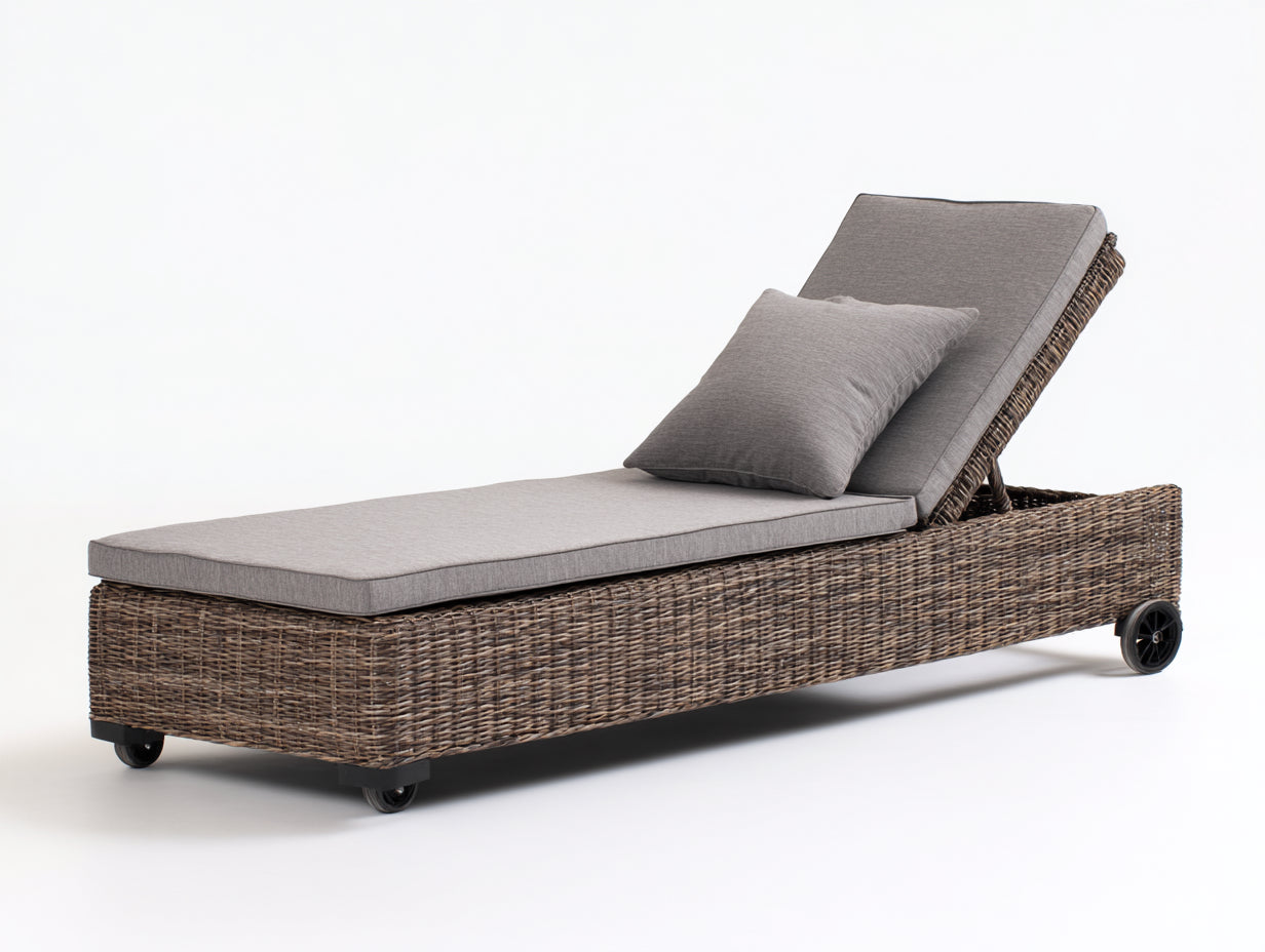 Bain de soleil - Rotin tressé-Tissu - 200 x 72 x 96 cm - Brun grisé-Gris - Style mobile avec dossier réglable