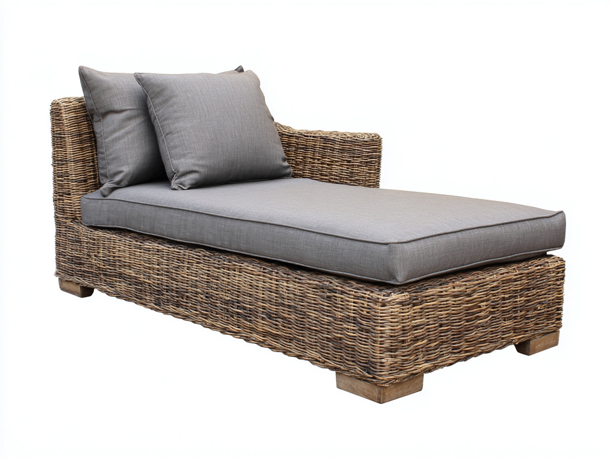 Bain de soleil - Rotin tressé-Tissu - 196 x 87 x 92 cm - Brun naturel-Gris anthracite - Style contemporain à accoudoirs