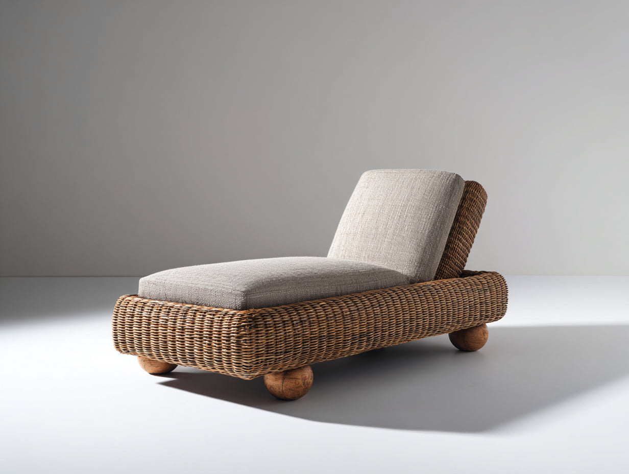 Bain de soleil - Rotin tressé-Tissu - 188 x 76 x 84 cm - Brun naturel-Taupe - Style naturel à dossier incliné