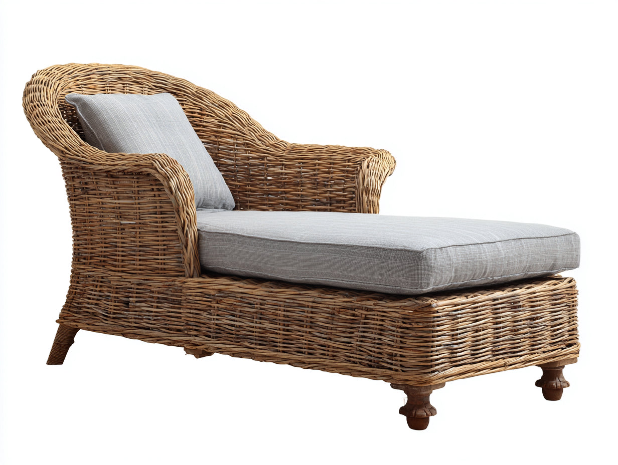 Bain de soleil - Rotin tressé-Tissu - 192 x 85 x 95 cm - Brun naturel-Gris clair - Style rustique à dossier enveloppant
